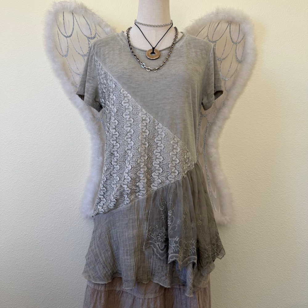 Sage Green Gray Lace Patchwork Ruffle Tunic‎ Top Short Sleeve Mori Girl Boho